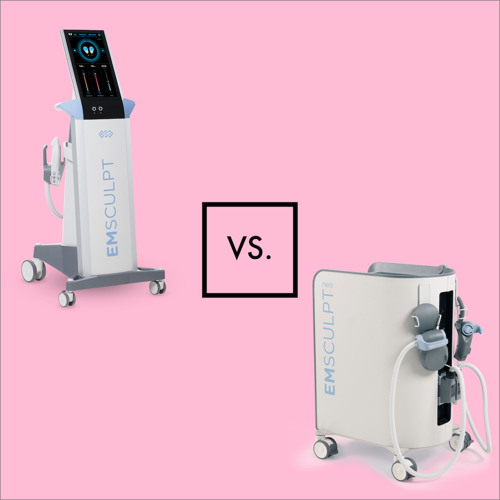 Image showing both the original Emsculpt device and the newer Emsculpt NEO device on a pink background