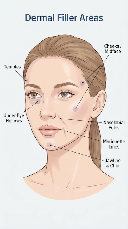 Diagram showing areas for Dermal Fillers on the face