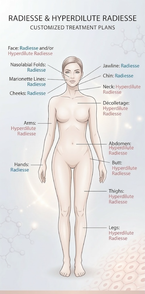 Diagram showing all the areas we inject with Radiesse and Hyperdilute Radiesse in our Manhattan office