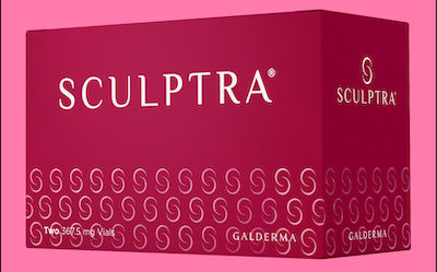 Image showing a box of Sculptra over a pink background.