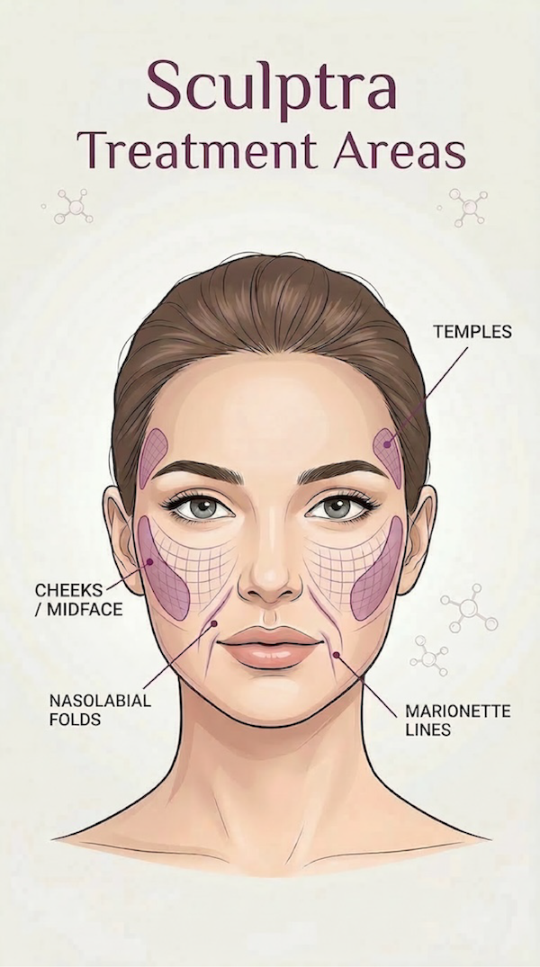 Diagram showing Sculptra Injection Areas
