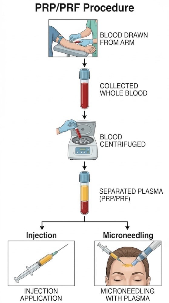 Diagram showing Blood collection and plasma separation process for PRP/PRF procedure
