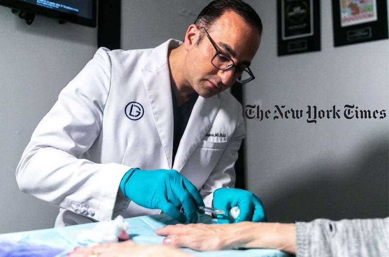 Dr. Arash Akhavan performing filler injection at The Dermatology and Laser Group in Manhattan, photographed for The New York Times by Jeenah Moon